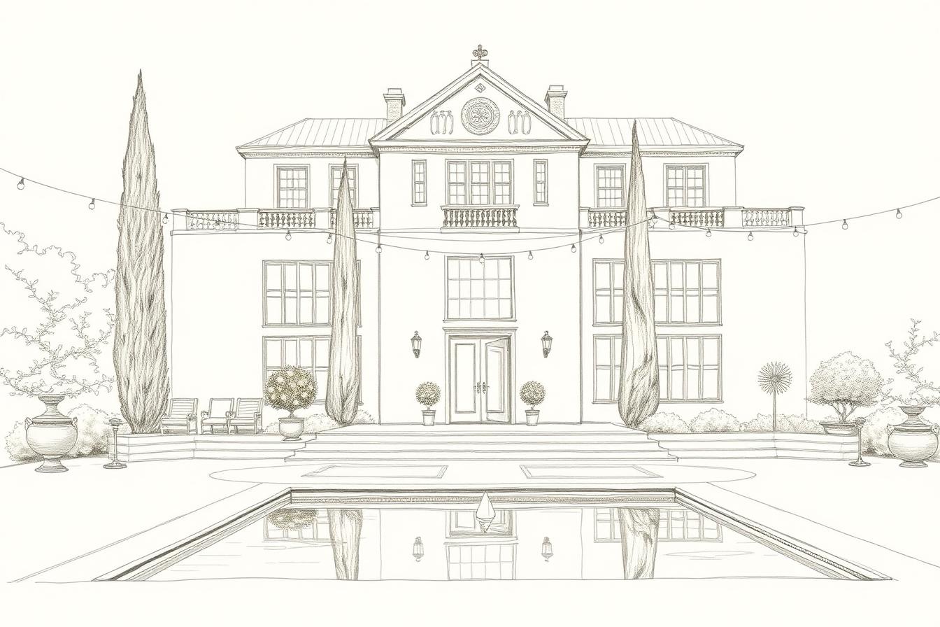 Hand-drawn sketch of the wedding venue with gardens and a reflecting pool